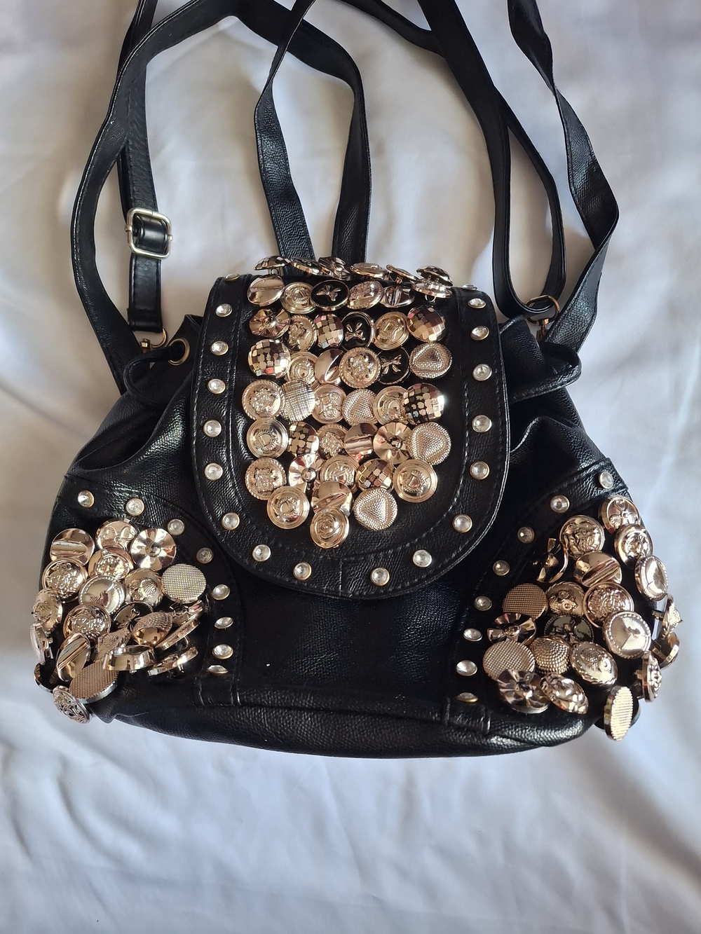 Black Jeweled Button Embellished Convertible Backpack Shoulder Purse